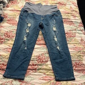 (Maacie Moms To Be) Blue Distressed Women Maternity Jeans- Size 2XL